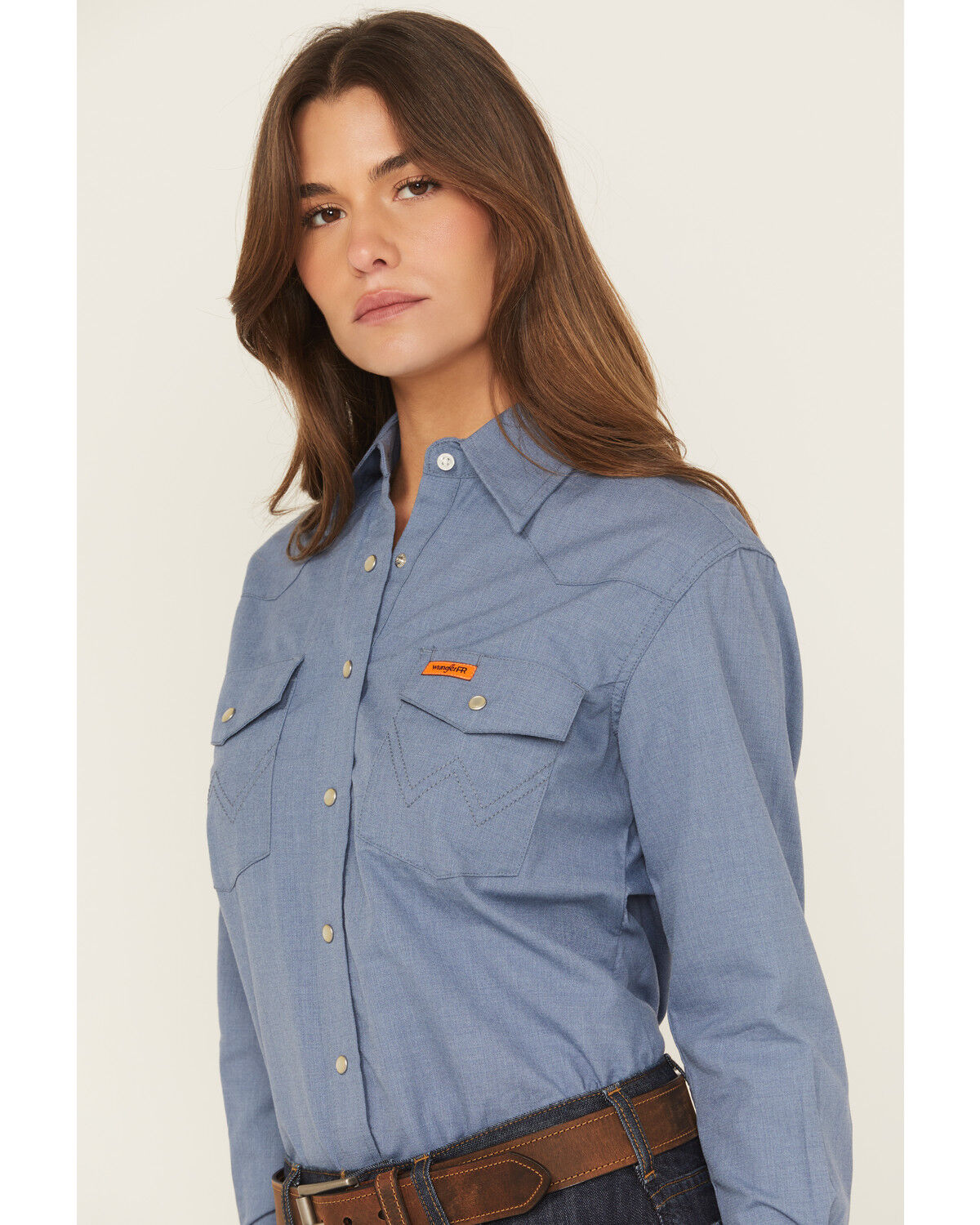 Image #2 - Wrangler Women's FR Blue Snap Long Sleeve Work Shirt, Blue, hi-res