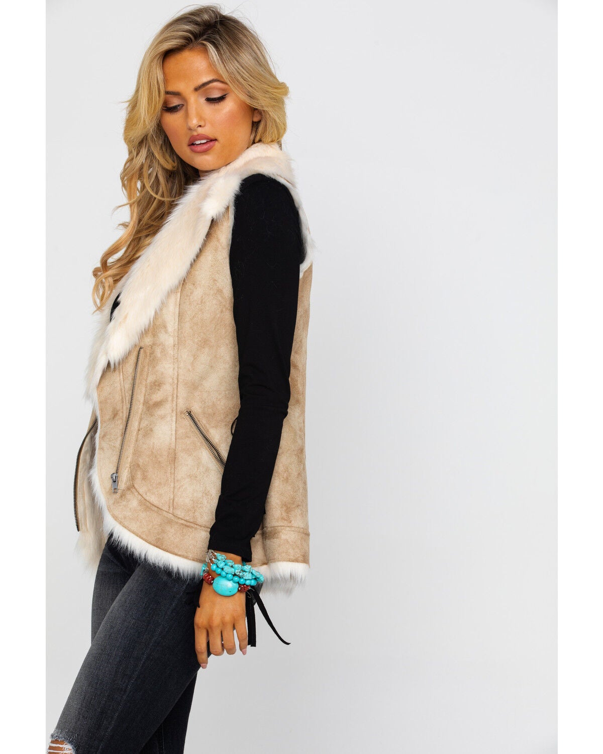 Scully Womens Beige Faux Fur Boho Vest
