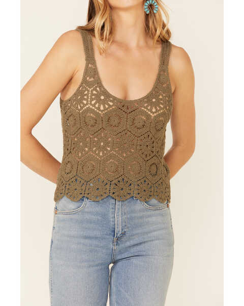 Image #3 - Very J Women's Crochet Knit Sweater Tank Top, Olive, hi-res