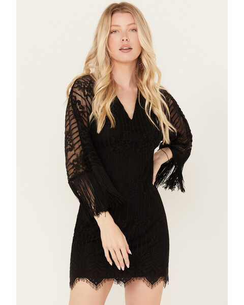 Idyllwind Women's Celosia Lacy Fringe Dress, Black, hi-res