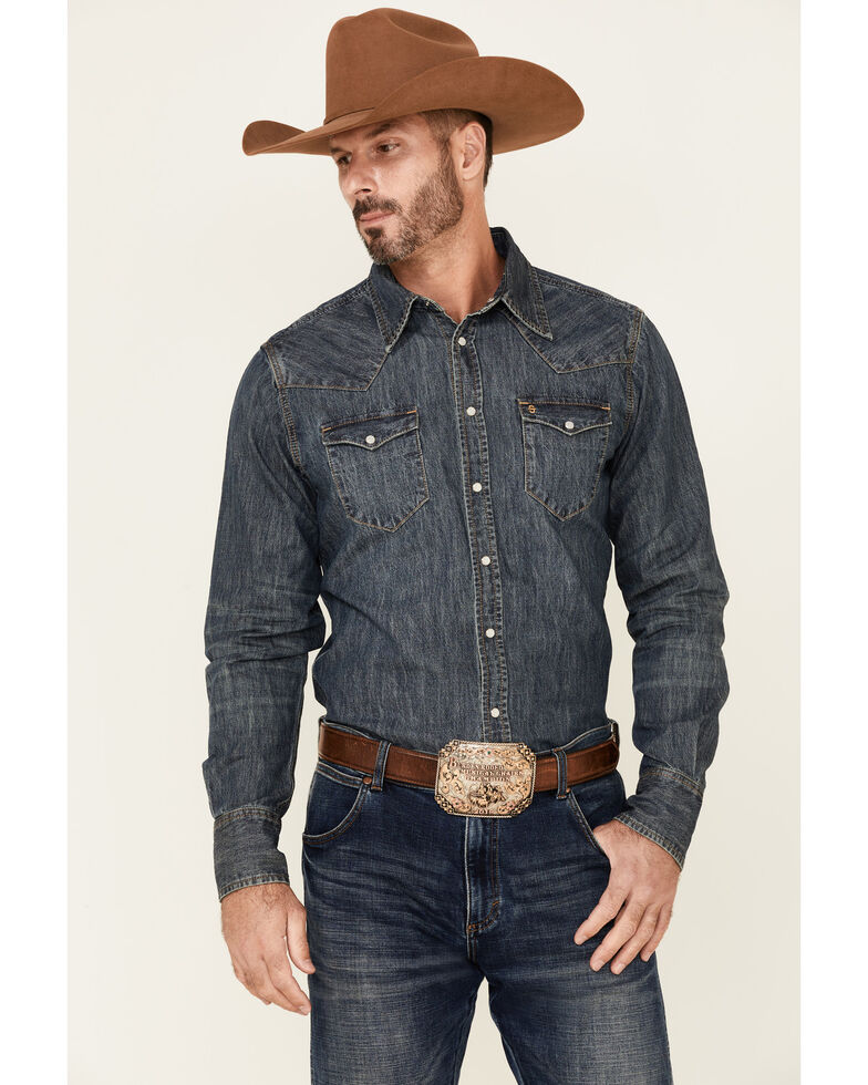 Stetson Men's Original Rugged Striated Denim Long Sleeve Snap Western Shirt , Blue, hi-res