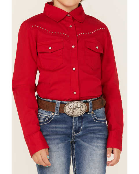 Image #3 - Shyanne Girls' Rhinestone Long Sleeve Western Button Down Shirt, Cherry, hi-res