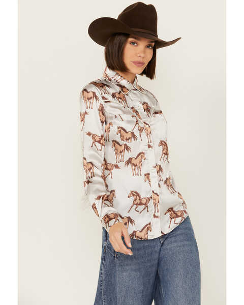 Rock & Roll Denim Women's Horse Satin Long Sleeve Snap Western Shirt , Natural, hi-res