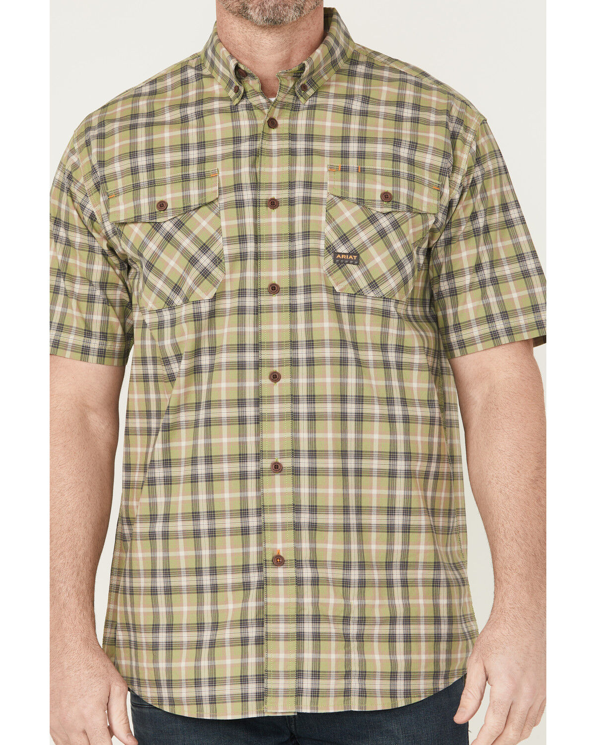Image #3 - Ariat Men's Rebar Made Tough Short Plaid Print Sleeve Button-Down Stretch Work Shirt, Beige, hi-res