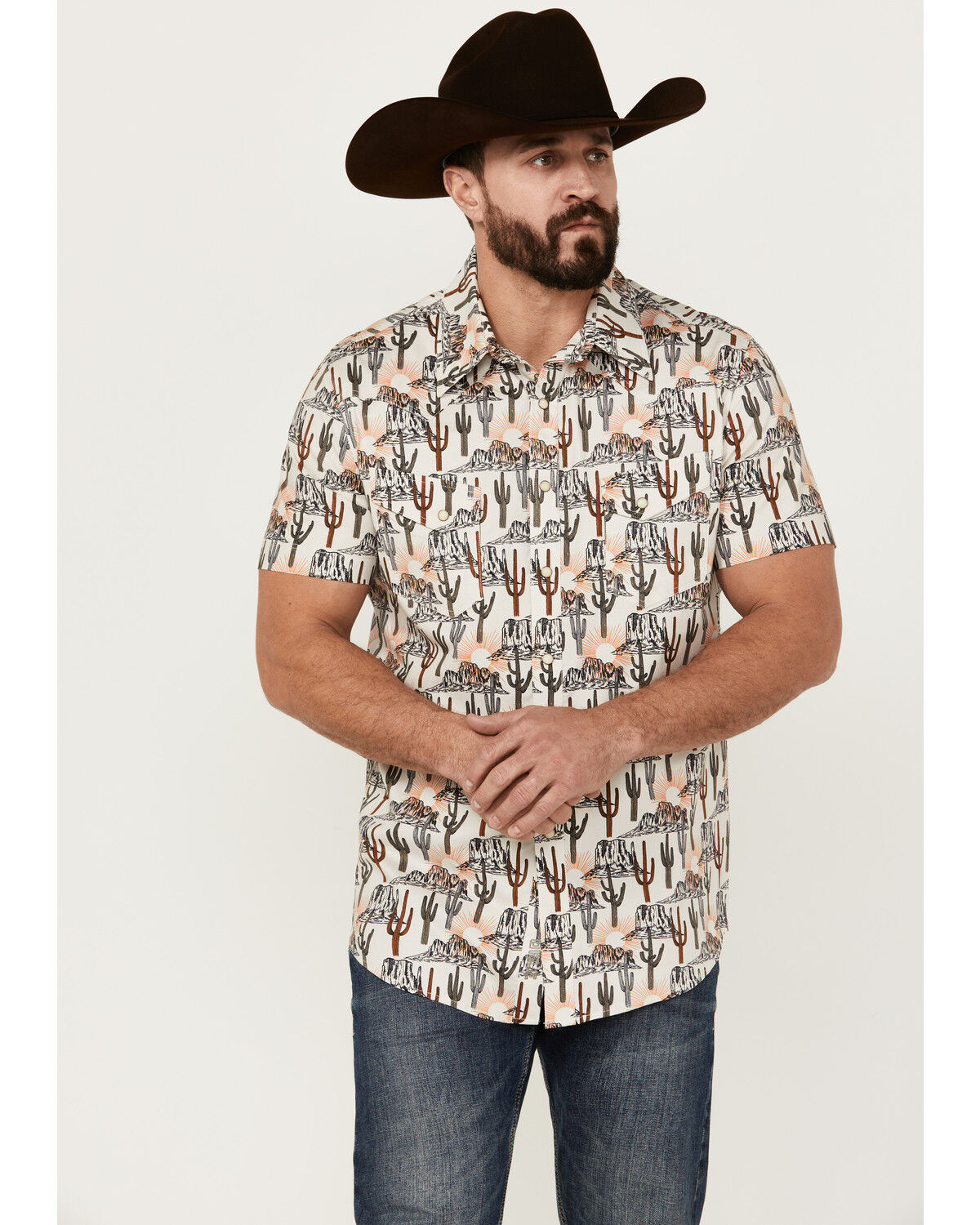 Image #1 - Rock & Roll Denim Men's Cactus Desert Print Short Sleeve Pearl Snap Stretch Western Shirt, Cream, hi-res