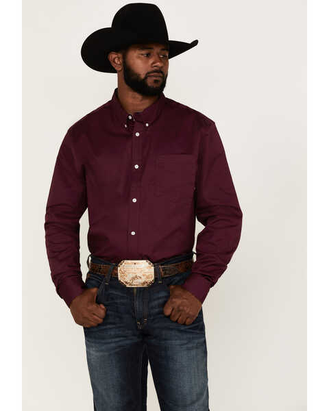 RANK 45 Men's Solid Basic Twill Logo Long Sleeve Button Down Western Shirt , Purple, hi-res