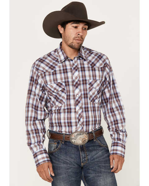 Roper Men's KC Plaid Print Long Sleeve Western Pearl Snap Shirt, Wine, hi-res
