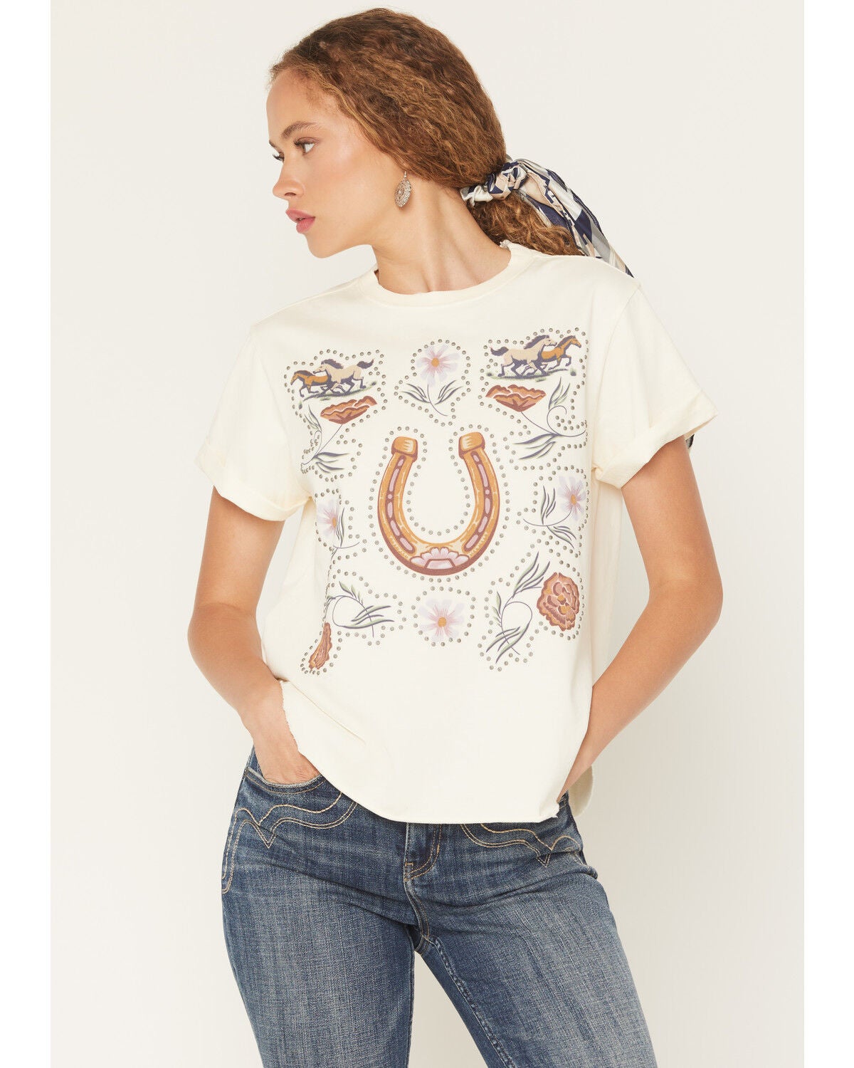 Idyllwind Women's Joyce Floral Horseshoe Short Sleeve Graphic Tee, Cream, hi-res