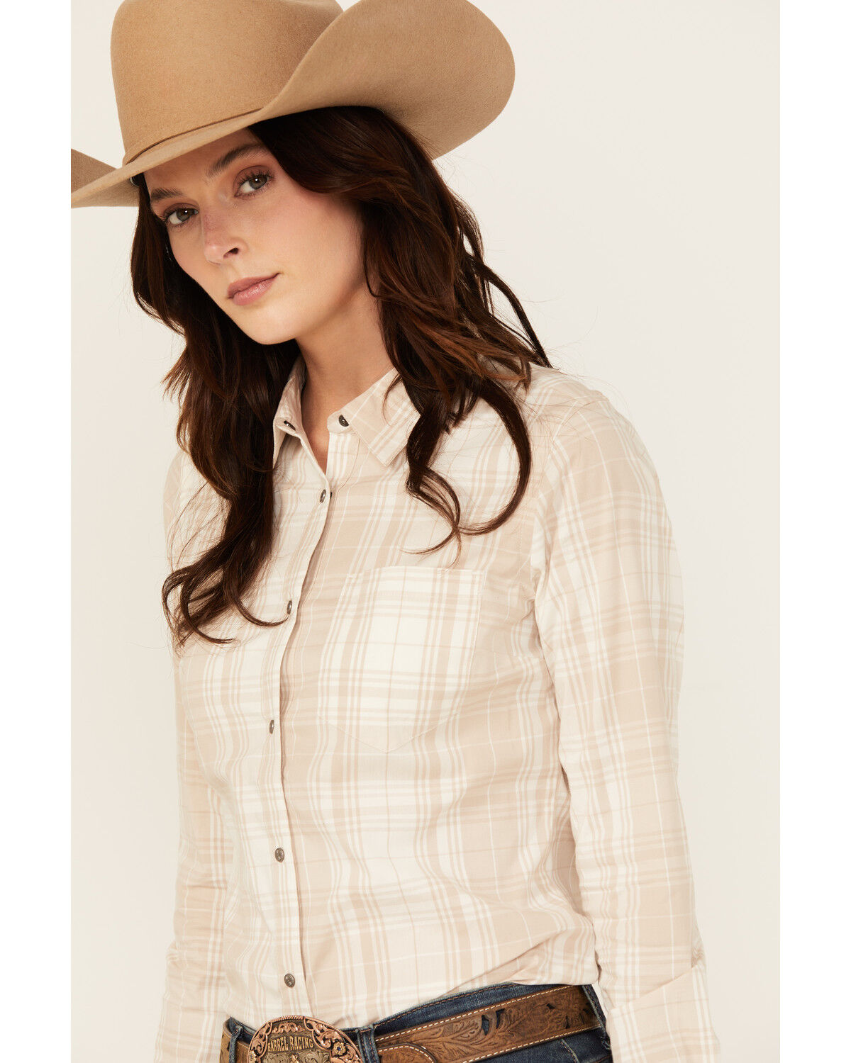 Image #2 - Shyanne Women's Plaid Print Long Sleeve Concho Snap Stretch Western Shirt, Natural, hi-res