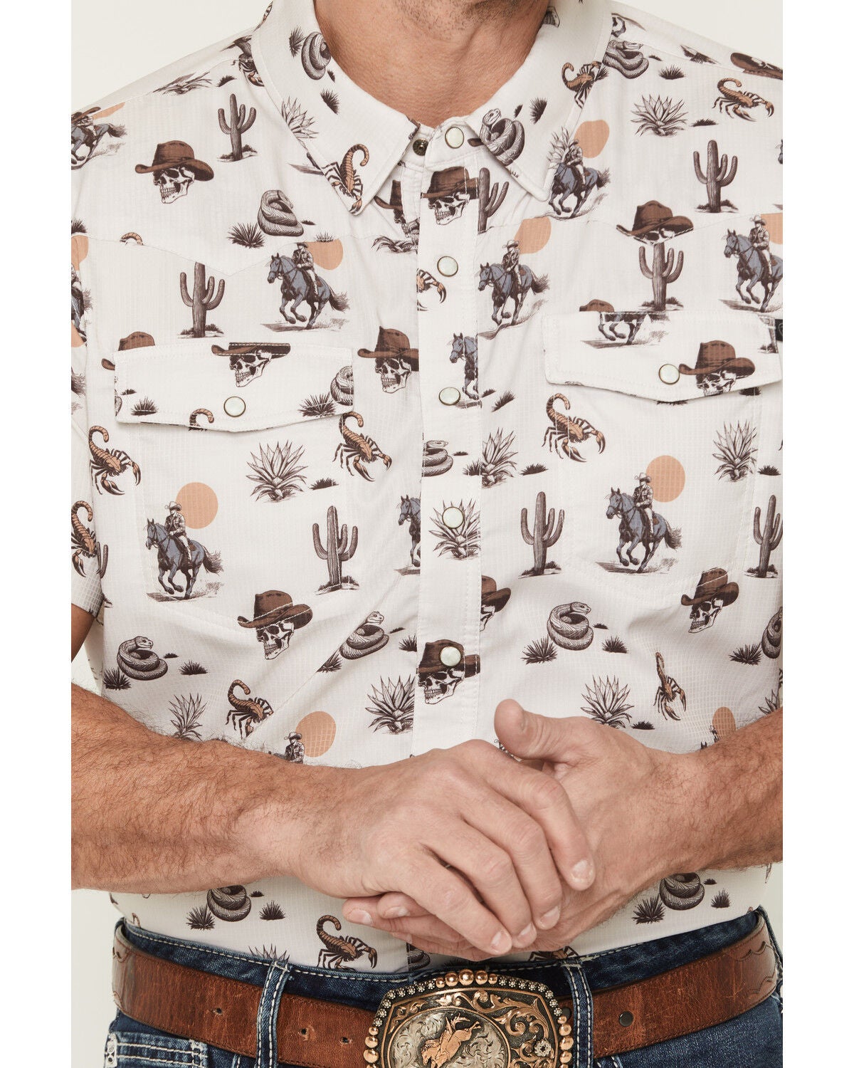 Image #3 - Rock & Roll Denim Men's Desert Novelty Short Sleeve Snap Stretch Western Shirt, Natural, hi-res