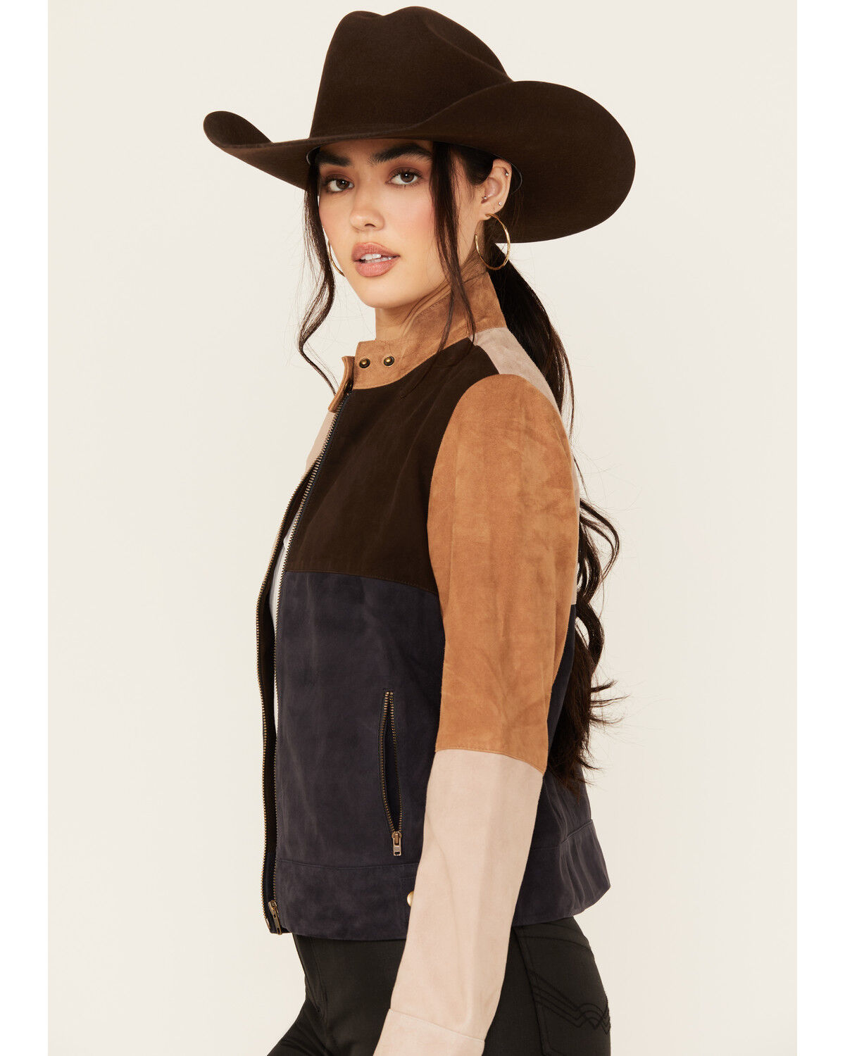Image #2 - Cleo + Wolf Women's Carter Colorblock Suede Zip-Up Jacket, Bark, hi-res