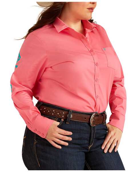Image #1 - Ariat Women's Team Kirby Wrinkle Resistant Long Sleeve Button-Down Stretch Western Shirt - Plus, Bright Pink, hi-res