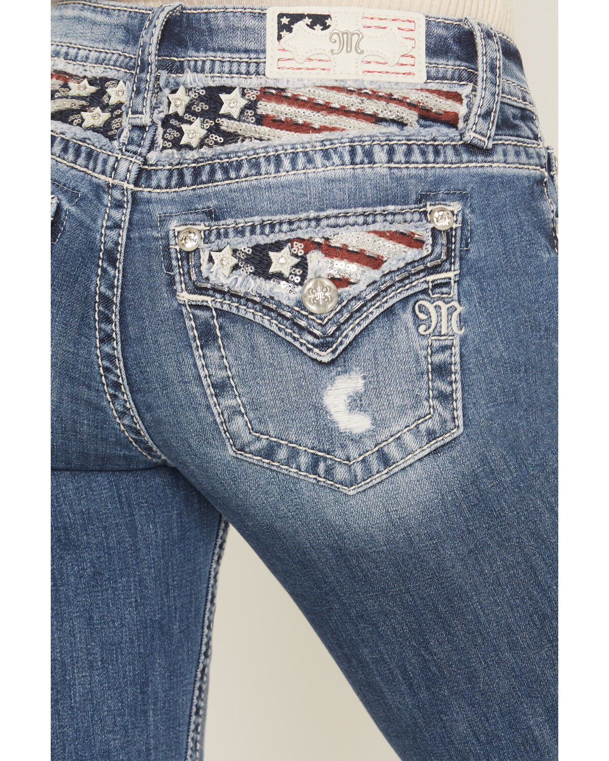 Image #2 - Miss Me Women's Medium Wash Mid Rise Americana Blowout 32" Bootcut Stretch Denim Jeans, Medium Wash, hi-res