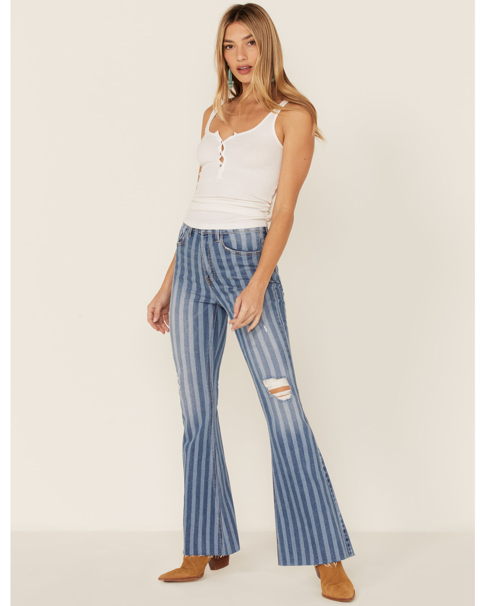 Image #1 - Cello Women's Stripe Destruction Flare Jeans, Blue, hi-res