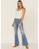 Image #1 - Cello Women's Stripe Destruction Flare Jeans, Blue, hi-res