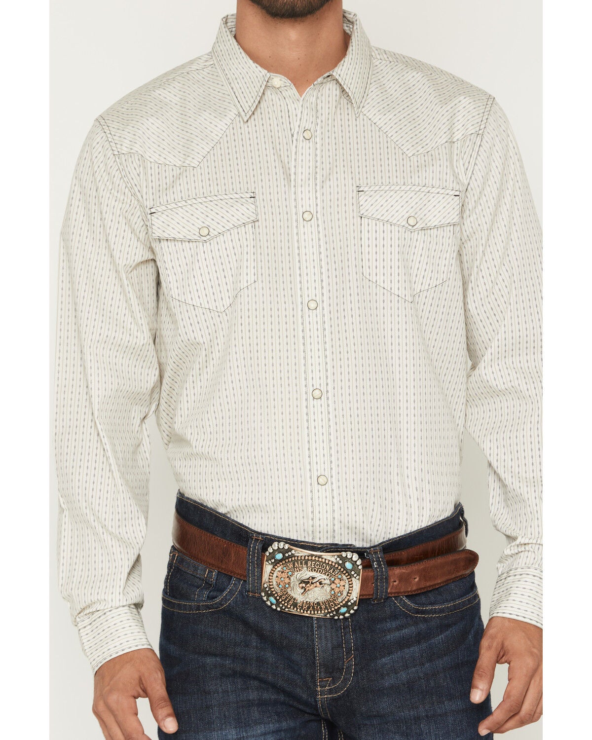 Image #3 - Gibson Trading Co Men's Tulsa Striped Long Sleeve Snap Western Shirt - Big, Ivory, hi-res