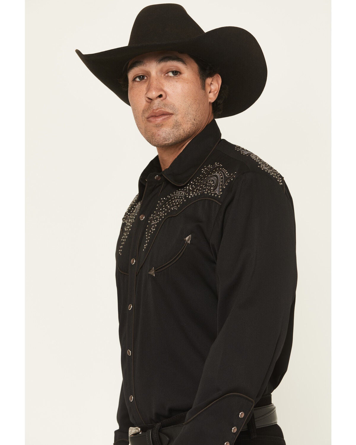 Image #2 - Scully Men's Embellished Solid Long Sleeve Pearl Snap Western Shirt, Black, hi-res