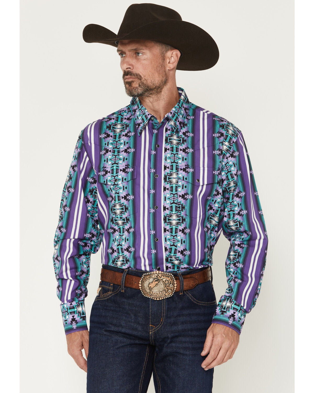 Wrangler Men's Checotah Southwestern Print Long Sleeve Snap Western Shirt, Purple, hi-res