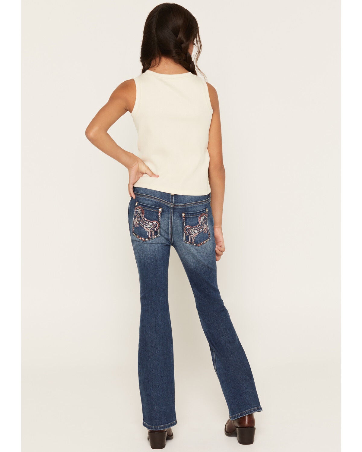 Shyanne Girls' Westend Medium Wash Horse Pocket Bootcut Stretch Denim Jeans, Medium Wash, hi-res