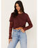 Image #1 - Jolt Women's Lace Trim Long Sleeve Shirt, Wine, hi-res