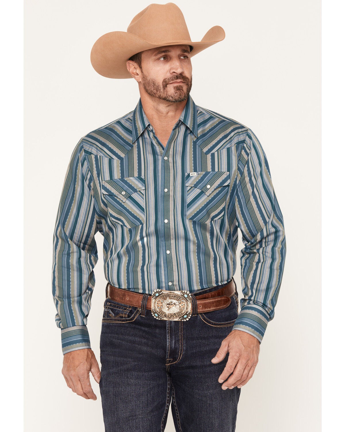 Ely Walker Men's Striped Long Sleeve Pearl Snap Western Shirt, Dark Teal, hi-res