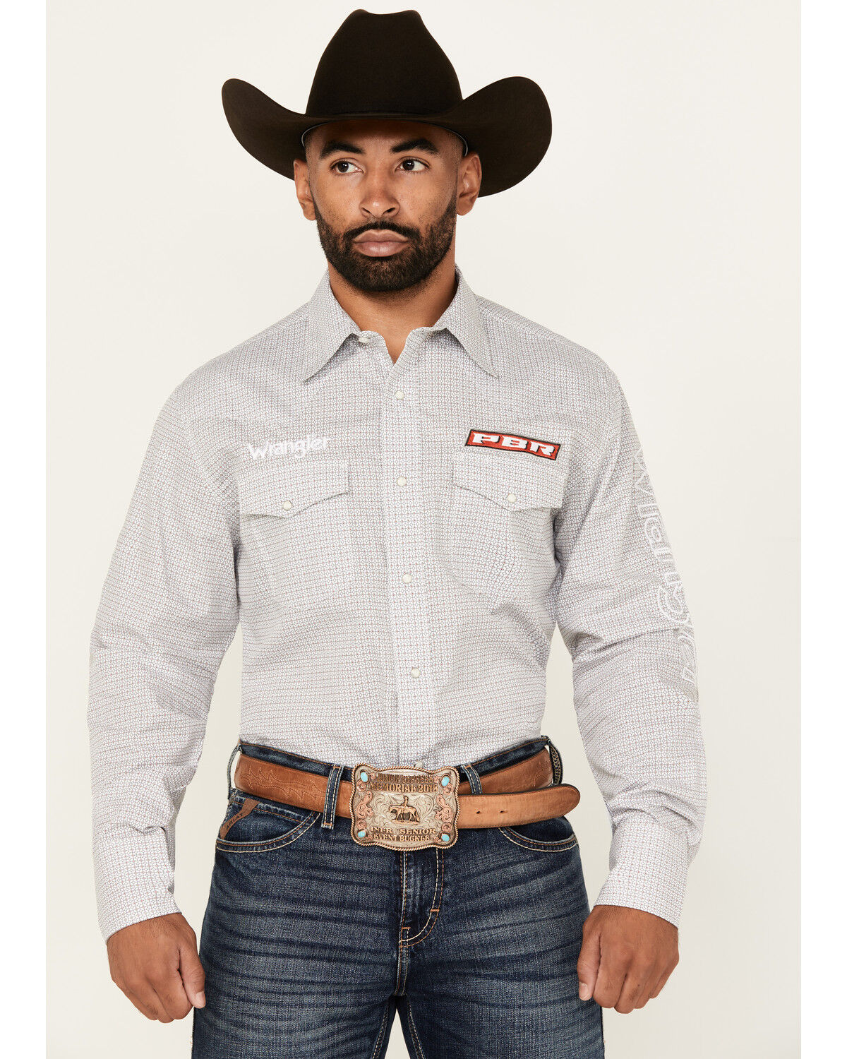 Image #1 - Wrangler Men's PBR Logo Printed Long Sleeve Snap Western Shirt, White, hi-res