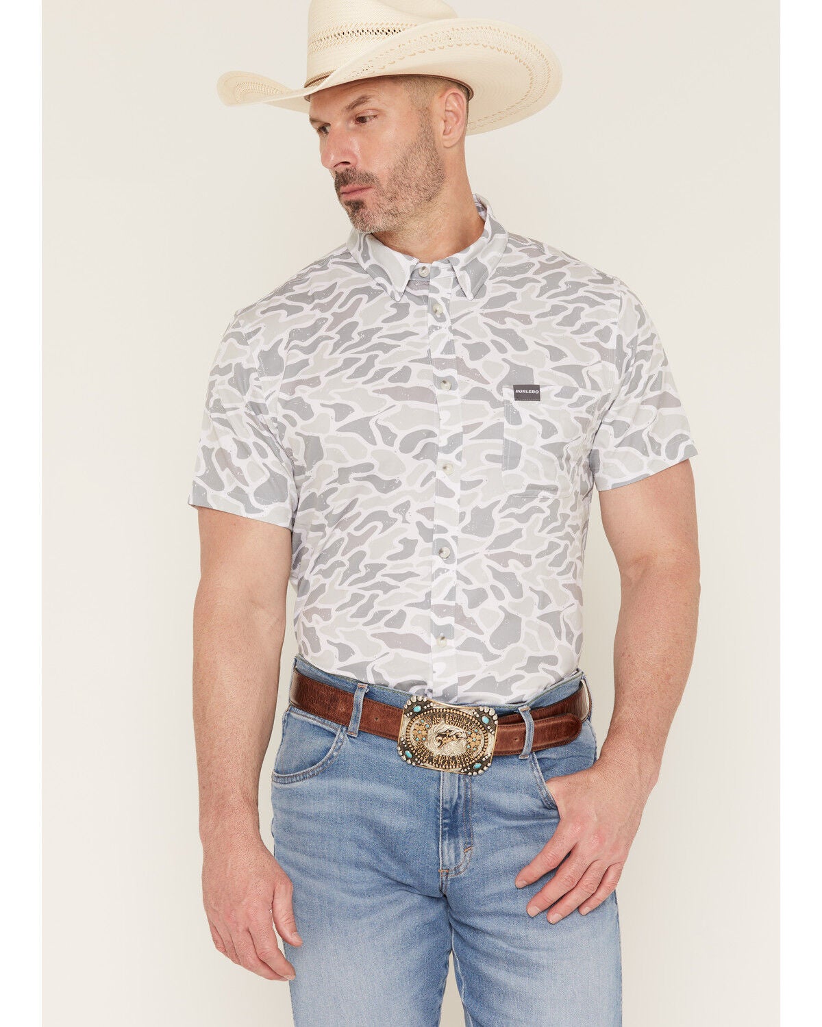 Image #1 - Burlebo Men's Camo Print Short Sleeve Button-Down Western Shirt, Camouflage, hi-res