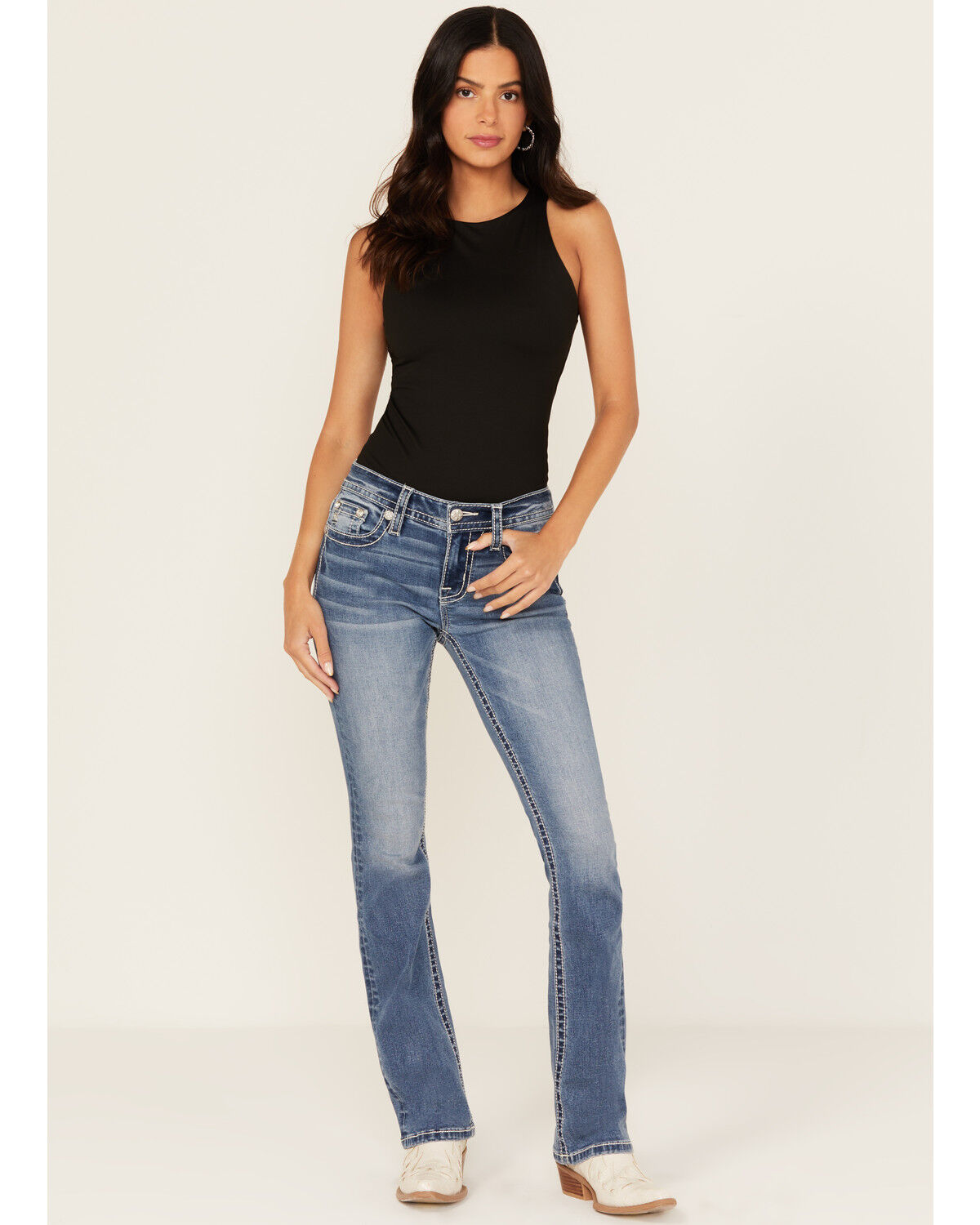 Image #3 - Miss Me Women's Medium Wash Slim Fit Fleur de Lis Pocket Bootcut Stretch Denim Jeans, Medium Wash, hi-res