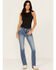 Image #3 - Miss Me Women's Medium Wash Slim Fit Fleur de Lis Pocket Bootcut Stretch Denim Jeans, Medium Wash, hi-res