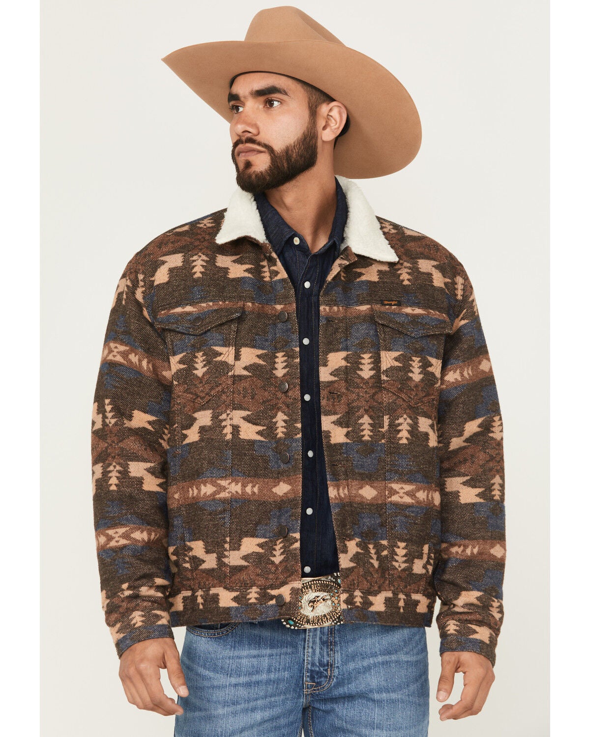 Image #1 - Wrangler Men's Southwestern Print Sherpa Lined Trucker Jacket, Brown, hi-res