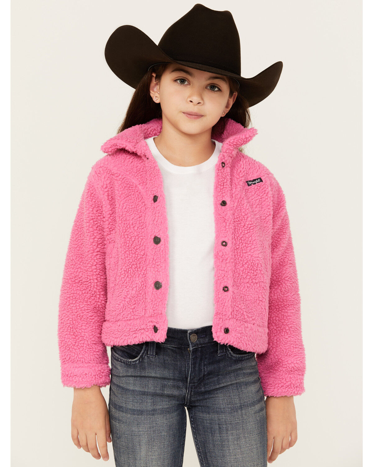 Image #1 - Wrangler Girls' Sherpa Snap Jacket, Pink, hi-res
