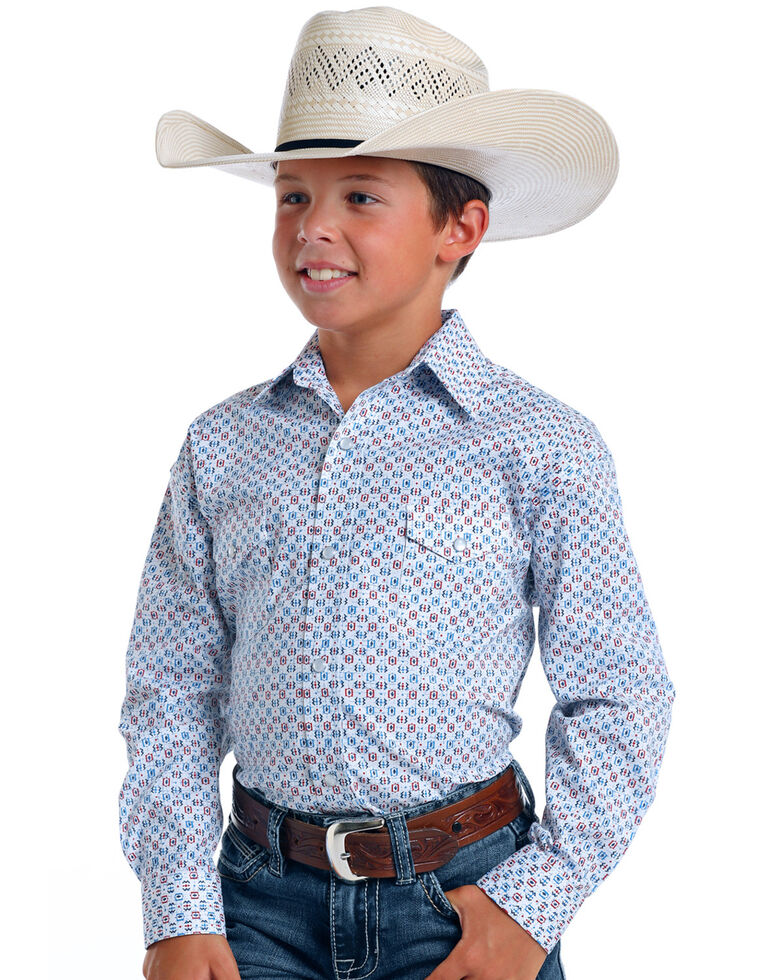 Rough Stock By Panhandle Boys' Tamworth Retro Geo Print Long Sleeve Western Shirt , White, hi-res