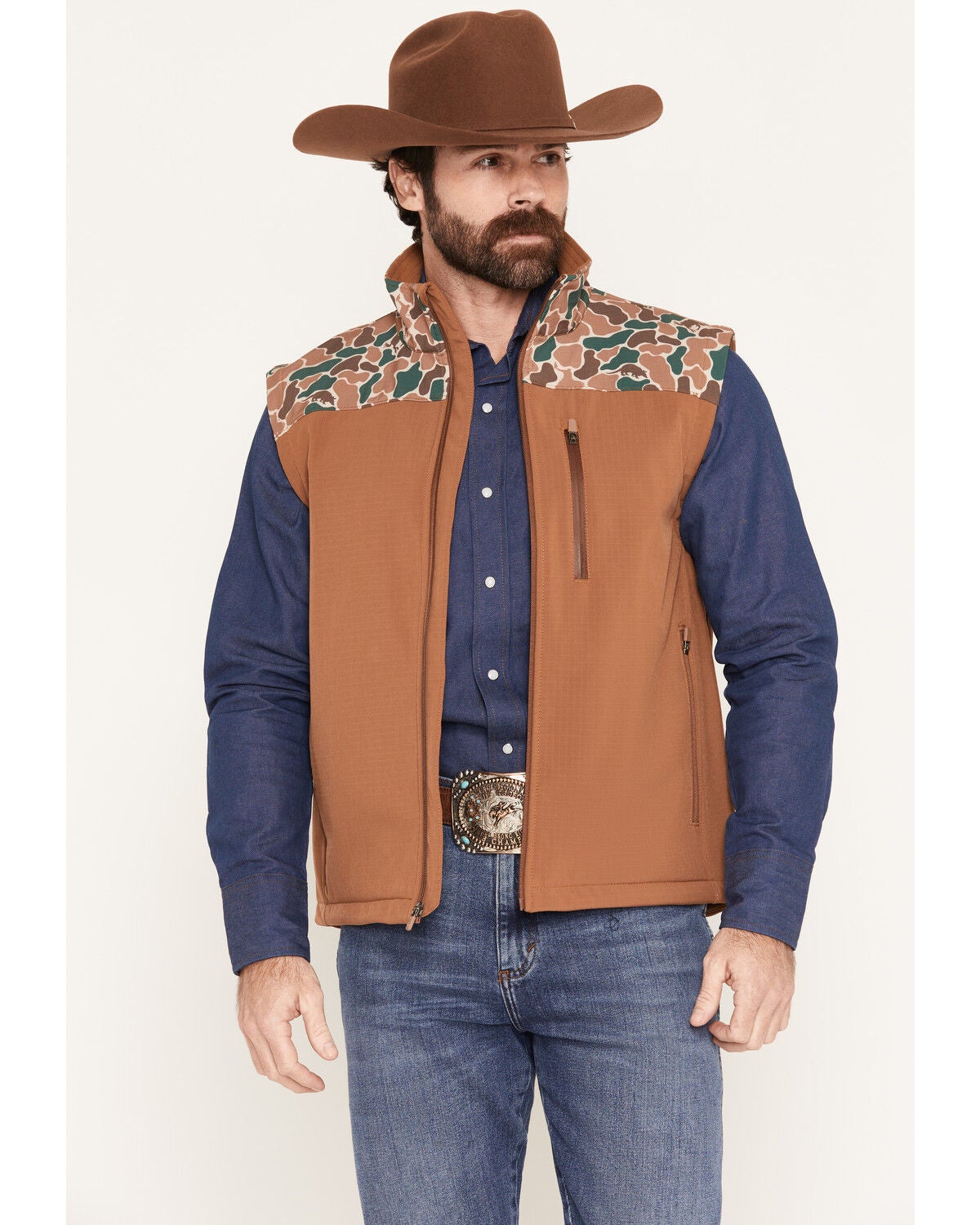 Hooey Men's Jackson Camo Color Block Softshell Vest, Camel, hi-res