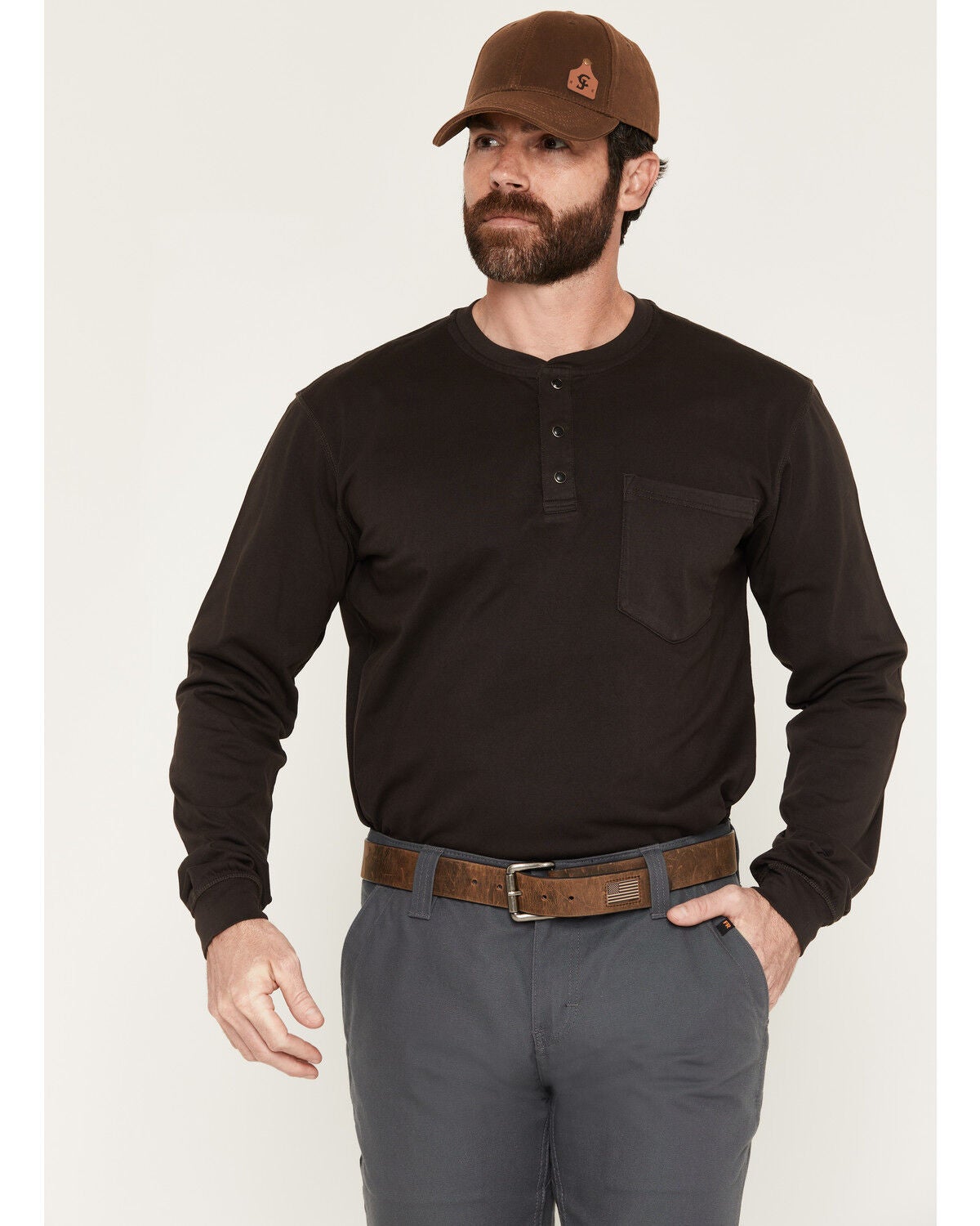 Cody James Men's FR Roughneck Solid Long Sleeve Snap Henley Work Shirt, Dark Brown, hi-res