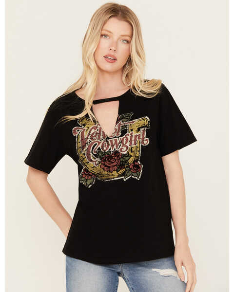Idyllwind Women's Velvet Cowgirl Cut Out Graphic Tee, Black, hi-res