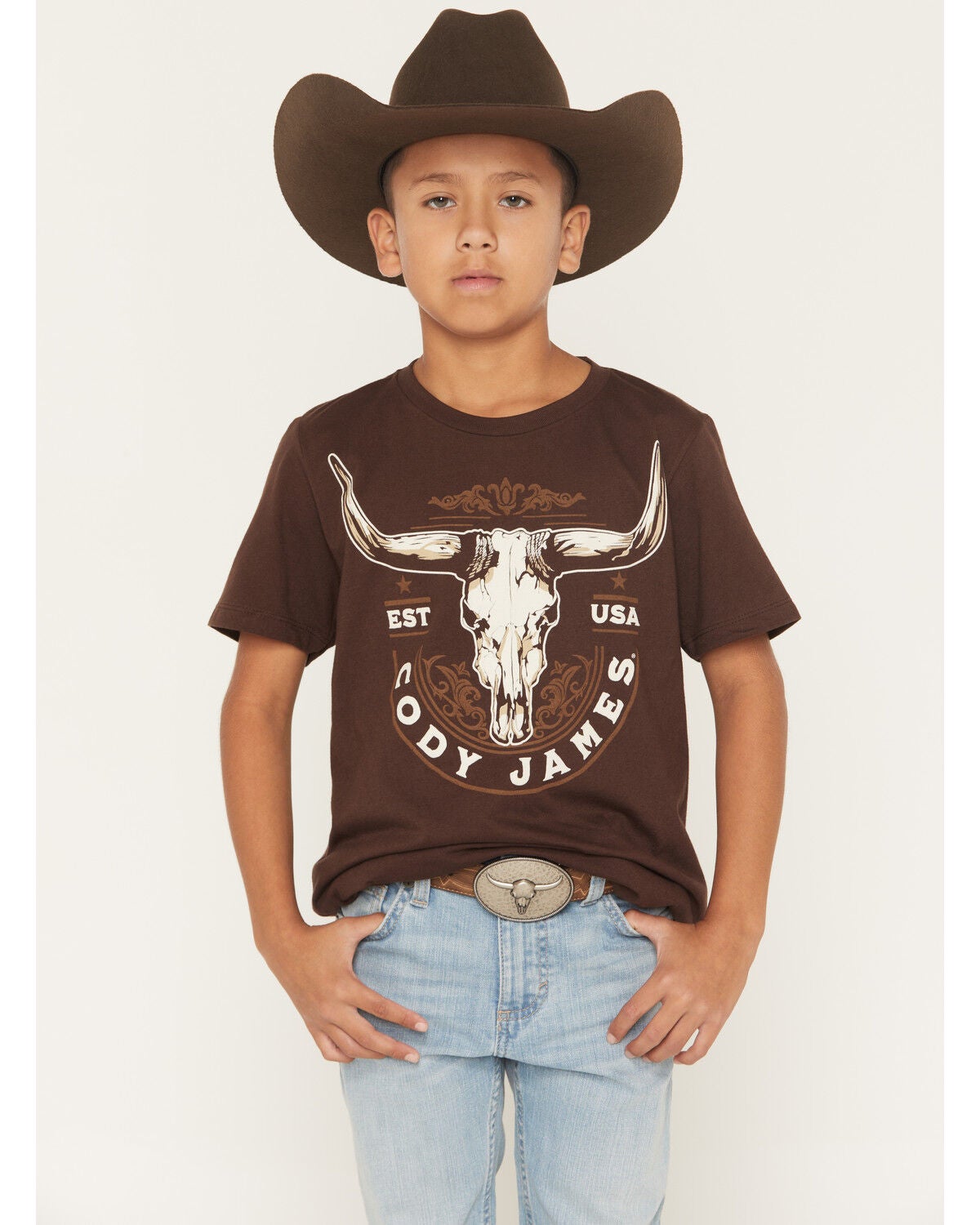 Image #1 - Cody James Boys' USA Steerhead Short Sleeve Graphic T-Shirt, Dark Brown, hi-res