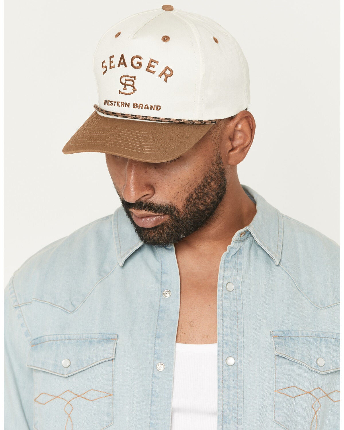 Image #1 - Seager Men's Branded Ball Cap, Cream/brown, hi-res
