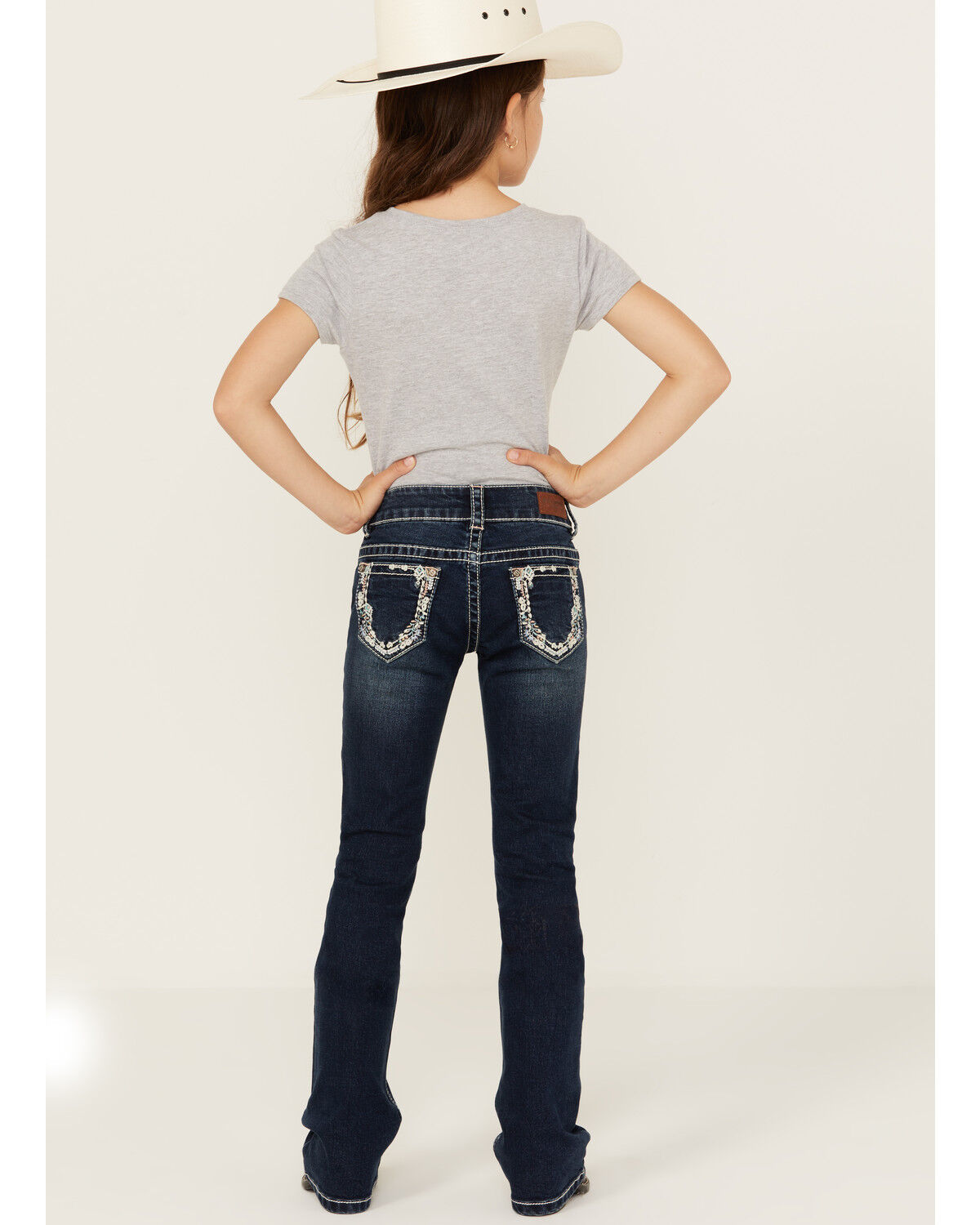 Image #3 - Shyanne Little Girls' Southwestern Floral Border Pocket Stretch Bootcut Denim Jeans, Blue, hi-res