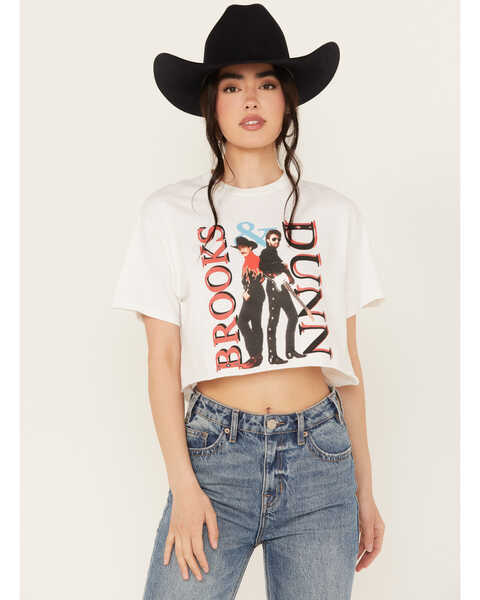 Image #1 - Merch Traffic Women's Cropped Brooks & Dunn Short Sleeve Vintage Graphic Tee, White, hi-res