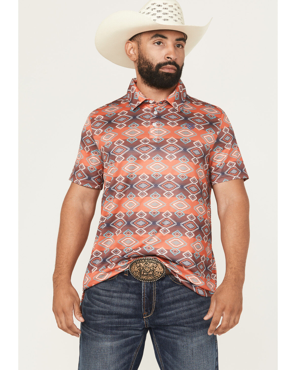 Image #1 - Rock & Roll Denim Men's Southwestern Print Short Sleeve Button-Down Polo Shirt, Red, hi-res