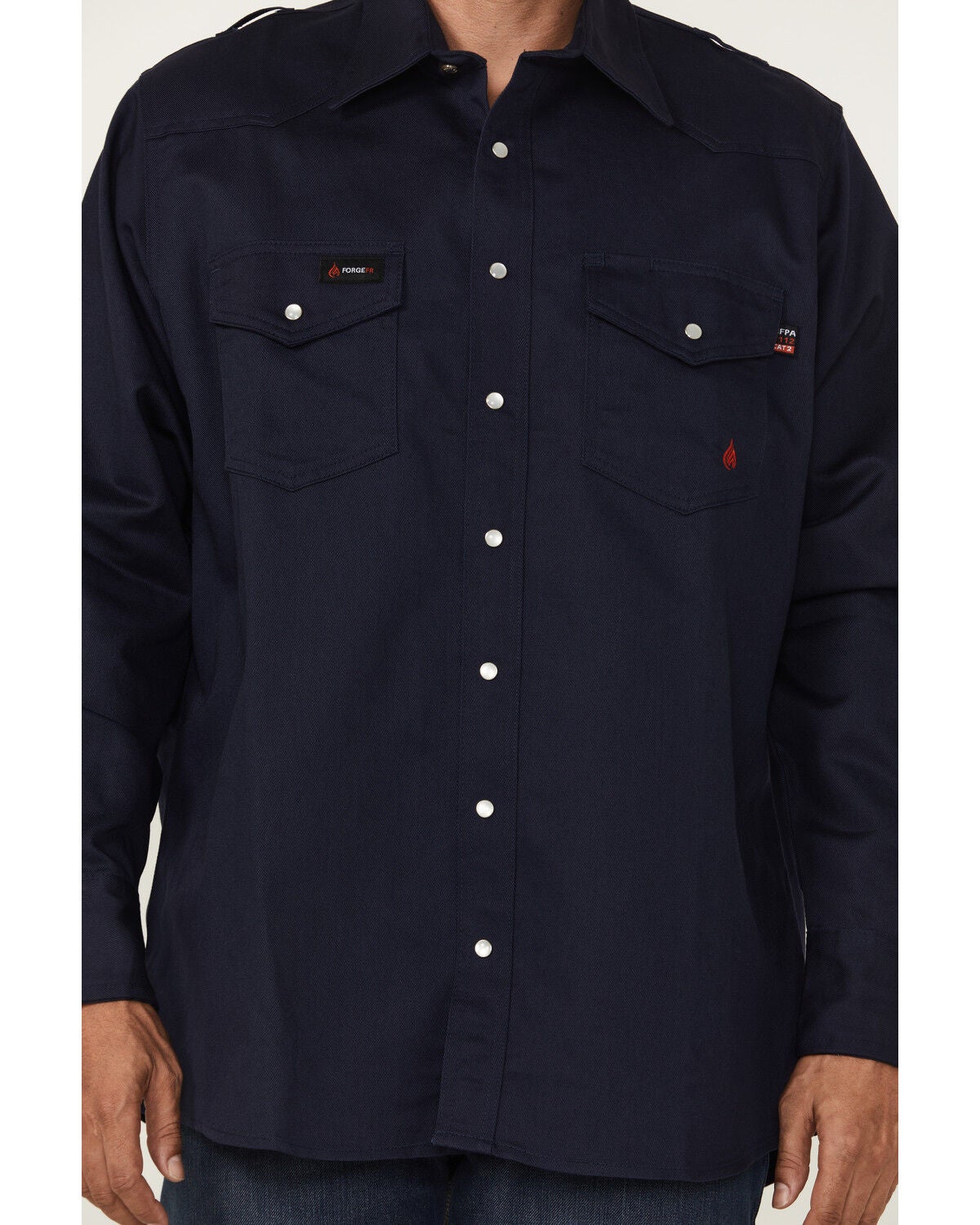Image #3 - Forge Workwear Men's FR Solid Long Sleeve Snap Work Shirt, Navy, hi-res