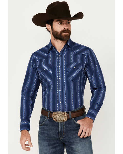 Ely Walker Men's Southwestern Striped Print Long Sleeve Pearl Snap Western Shirt - Tall, Navy, hi-res