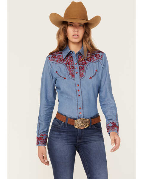 Image #1 - Scully Women's Floral Tooled Embroidered Long Sleeve Pearl Snap Western Shirt, , hi-res