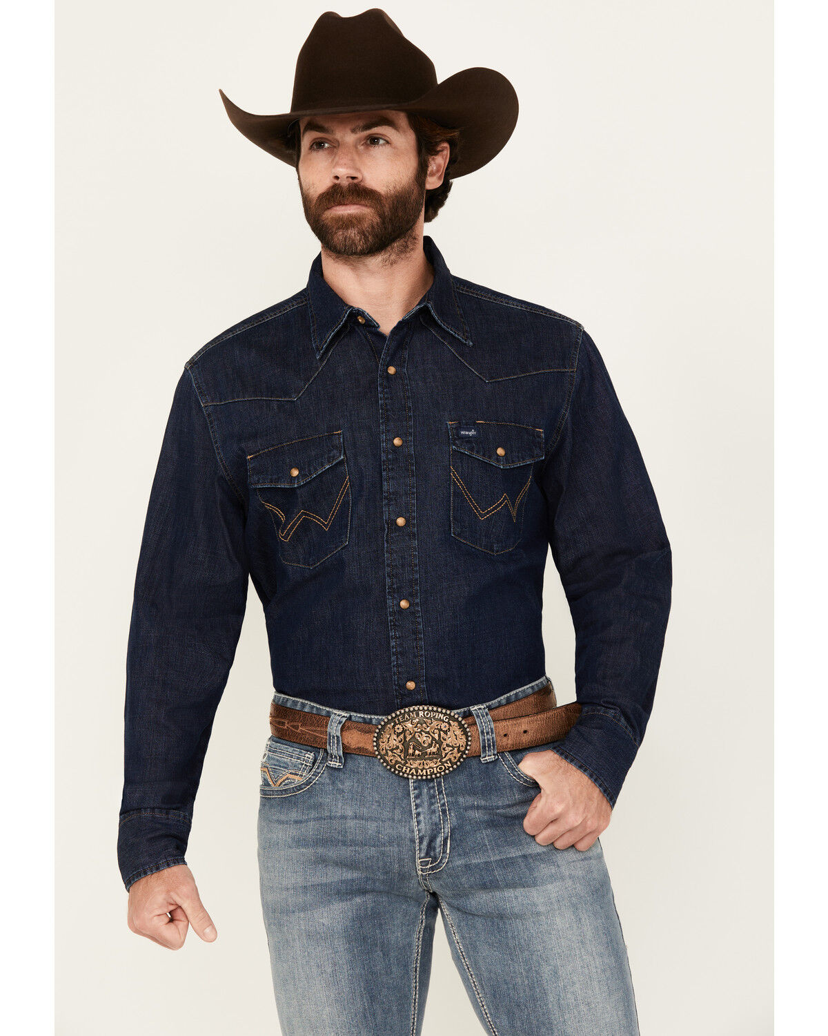 Image #1 - Wrangler Men's Medium Wash Denim Long Sleeve Snap Western Shirt - Tall, Medium Wash, hi-res