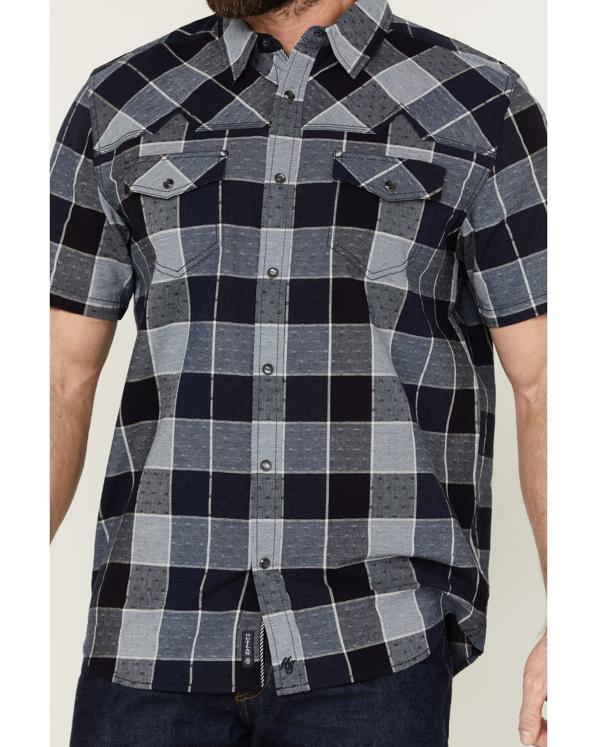 Image #3 - Moonshine Spirit Men's Collide Plaid Print Short Sleeve Snap Western Shirt, Blue, hi-res