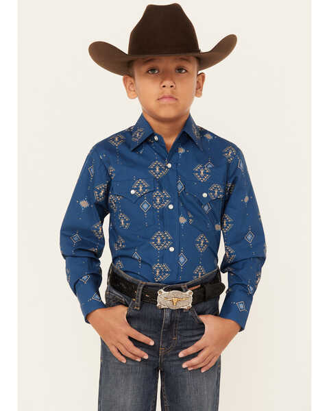 Image #1 - Ely Walker Boys' Southwestern Print Long Sleeve Pearl Snap Western Shirt , Navy, hi-res