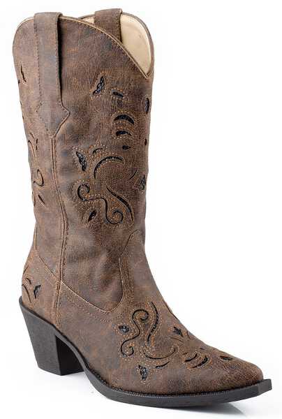 Image #1 - Roper Women's Vintage Faux-Leather Glittery Inlay Western Boots - Snip Toe, Brown, hi-res