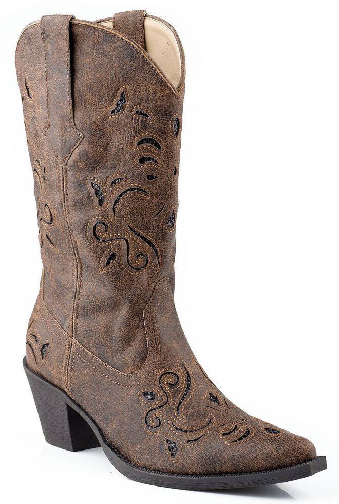 Roper Vintage Faux Leather Glittery Inlay Cowgirl Boots - Snip Toe, Brown, hi-res