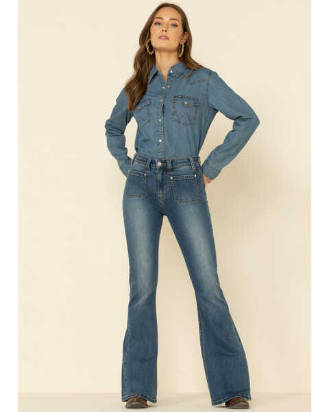 Rock & Roll Denim Women's Medium High Rise Flare Jeans , Blue, hi-res