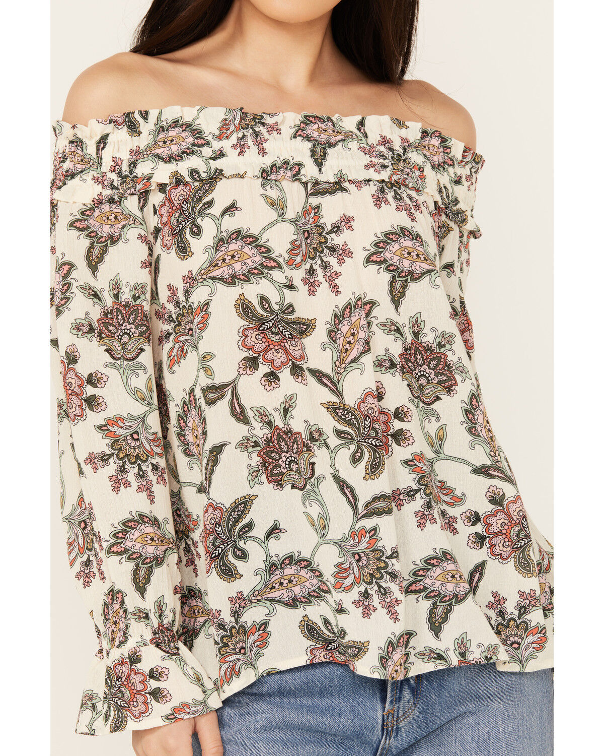 Image #3 - Wild Moss Women's Floral Print Long Sleeve Off The Shoulder Shirt, Ivory, hi-res